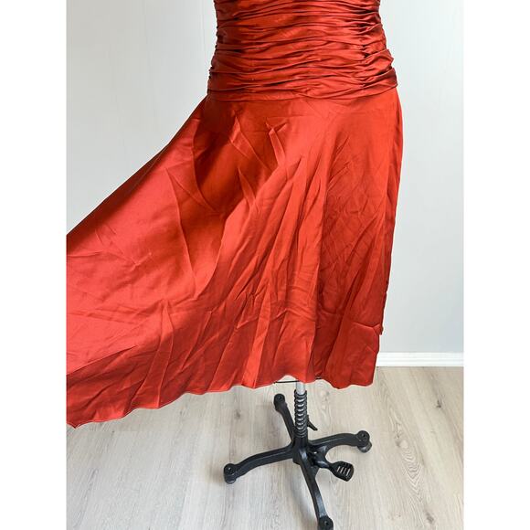Vintage Y2K Cache Silk Ruched Dress 4 Burnt Orange Rust Asymmetric Fairy Halter - Picture 4 of 16
